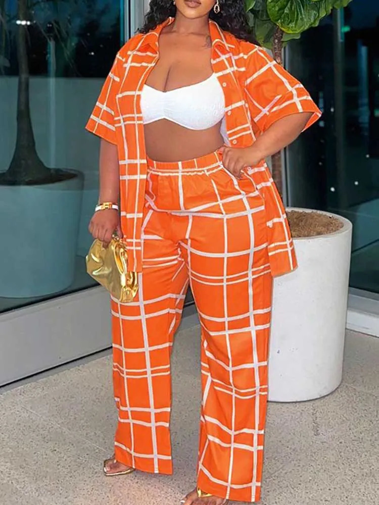 2 Piece Sets Woman Outfit Plus Size Summer Suit Plaid Cardigan Shirt and Trouser Casual Orange Pants Suits Elegant 250516Z