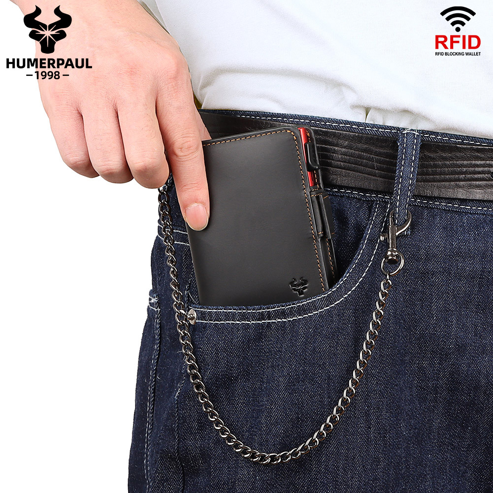 HUMERPAUL Pop-up Card Holder Genuine Leather Iron Wallets for Men RFID Protect Metal Cardholder Zipper Coin Purse with Chain