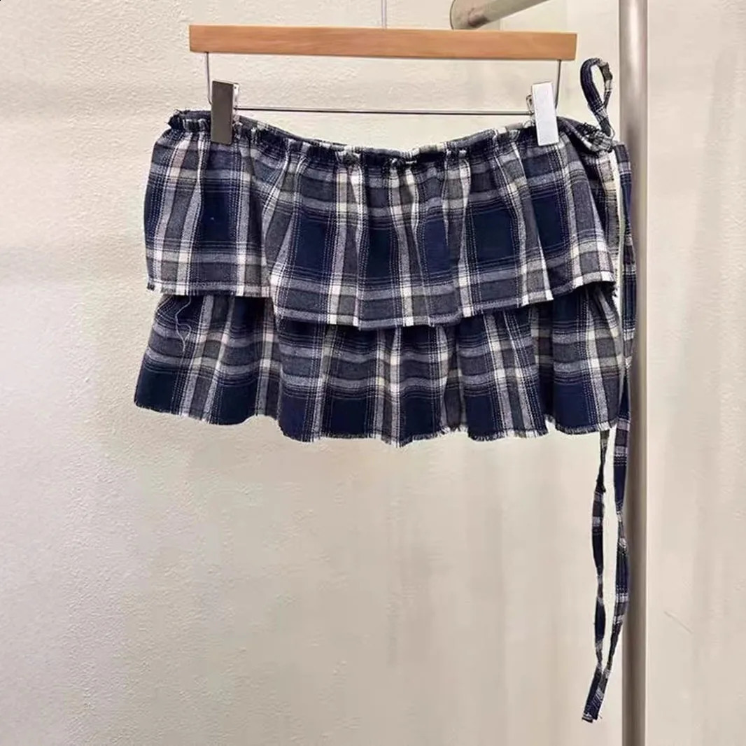 Double Layers Plaid Tassels Edge Mini Skirts With Lace Up Women High Waist ALine Skirt Korean Cotton Baking Cake 250513Z