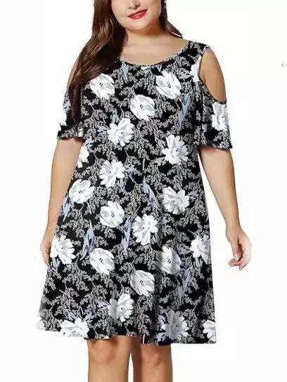 plus size womens round neck off-shoulder print large-size T-shirt dress woman 250520