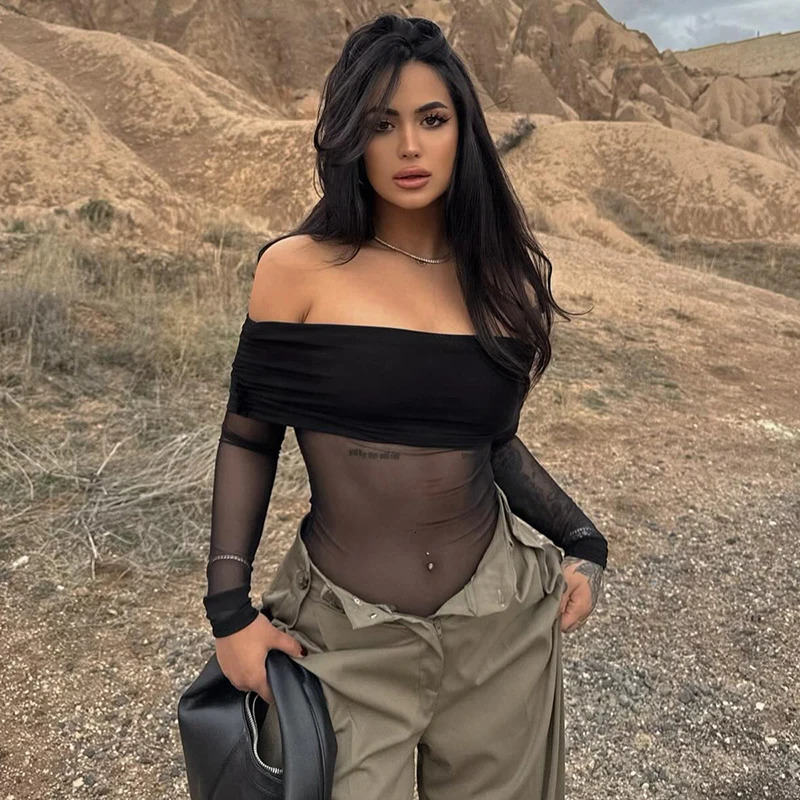 CUTENOVA Mesh Sheer See Through T-Shirts Crop Tops Summer Party Clubwear Women Sexy Slash Neck Off Shoulder Ruched Tees Shirts 250516
