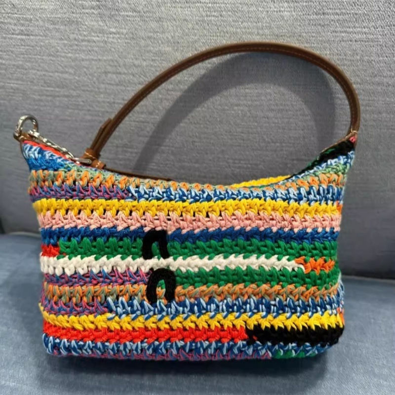 Dainty bags for women designer shoulder bag multicolor rainbow stripes underarm handbag wool thread crochet weaving purse xb226