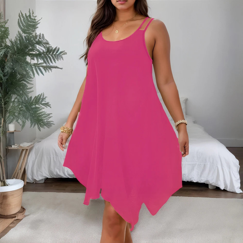 Plus Size Womens Solid Strappy Asymmetrical Hem T Shirt Midi Dress Ladies Sleeveless Casual Loose Summer Holiday Sundress XL-5XL 250520