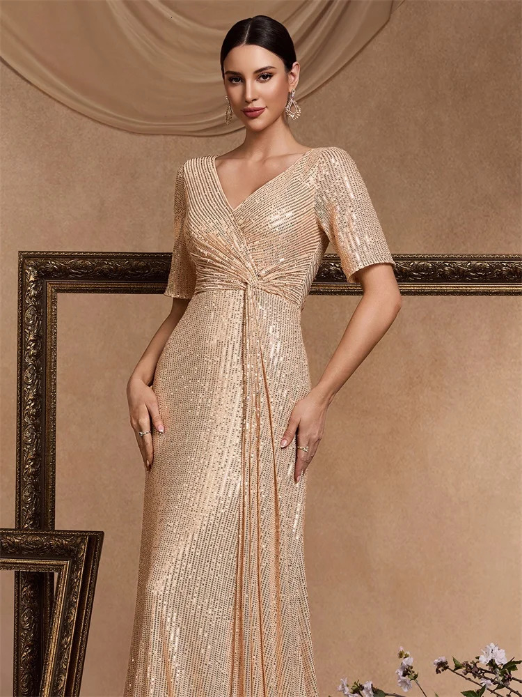 Floor Length V-Neck Evening Dress Women Elegant Party Maxi Sequin Short Sleeves Prom Cocktail Graduation Dress 250520
