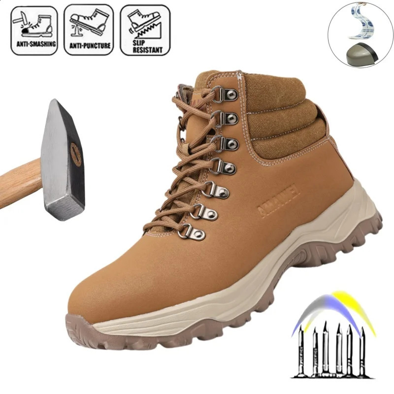 Waterproof Safety Shoes With Steel Toe Cap Work Sneakers Men Work Shoes Puncture-Proof Work Safety Boots Brown Safety Footwear 250516