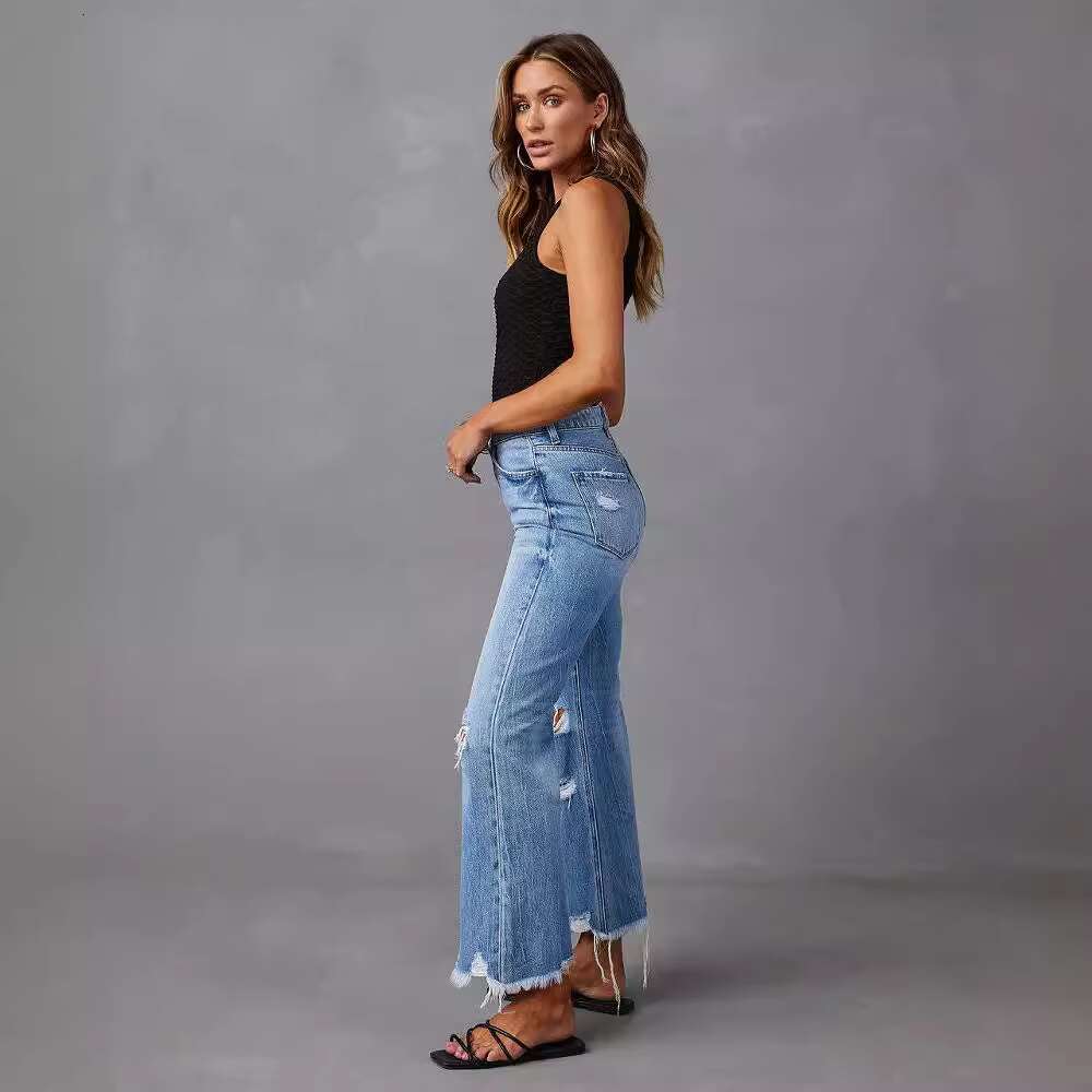 DHEssentials 2025 Women's Wide-leg Tassel Washed Tie-dyed Ripped High Waist Jeans Loose Casual Straight Pants