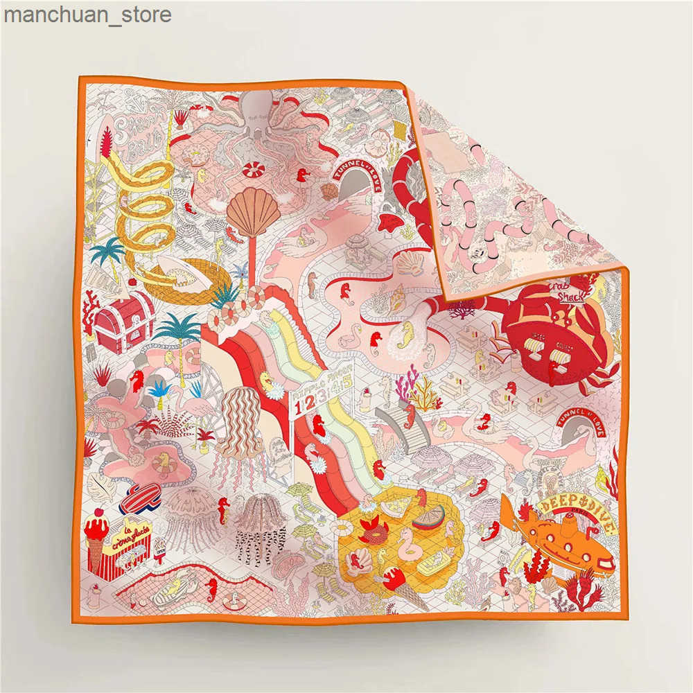 90Cm High-quality Twill Silk Double-sided Printing Submarine Playground Womens Large Square Scarf Chest Wrap Scarf Q250521