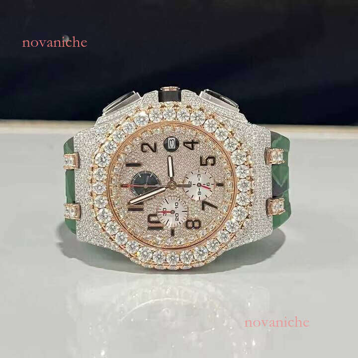 Luxury men's stainless steel timing hip-hop watch with diamond inlaid and stone fashionable design, glass dial, rubber