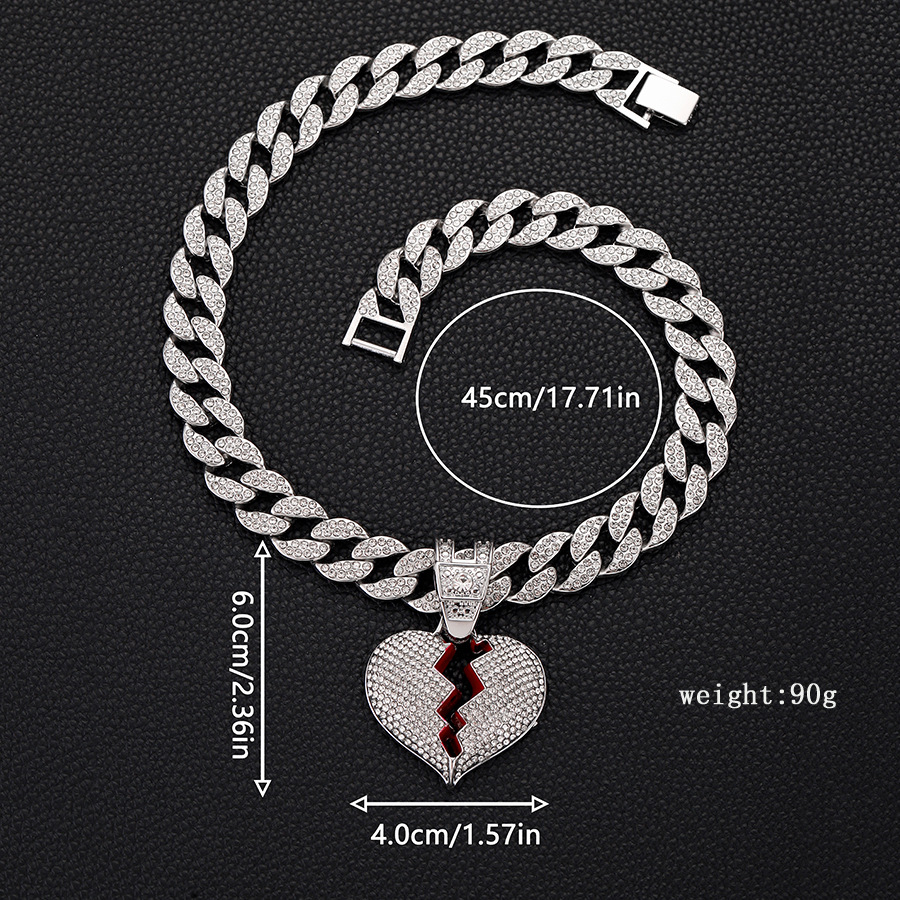 Ins Fashion Style Alloy Full Diamond Boyfriend Heart Pendant Necklace Male and Female hip-hop broken heart pendant chain