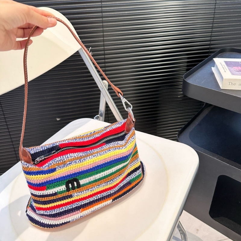 Dainty bags for women designer shoulder bag multicolor rainbow stripes underarm handbag wool thread crochet weaving purse xb226