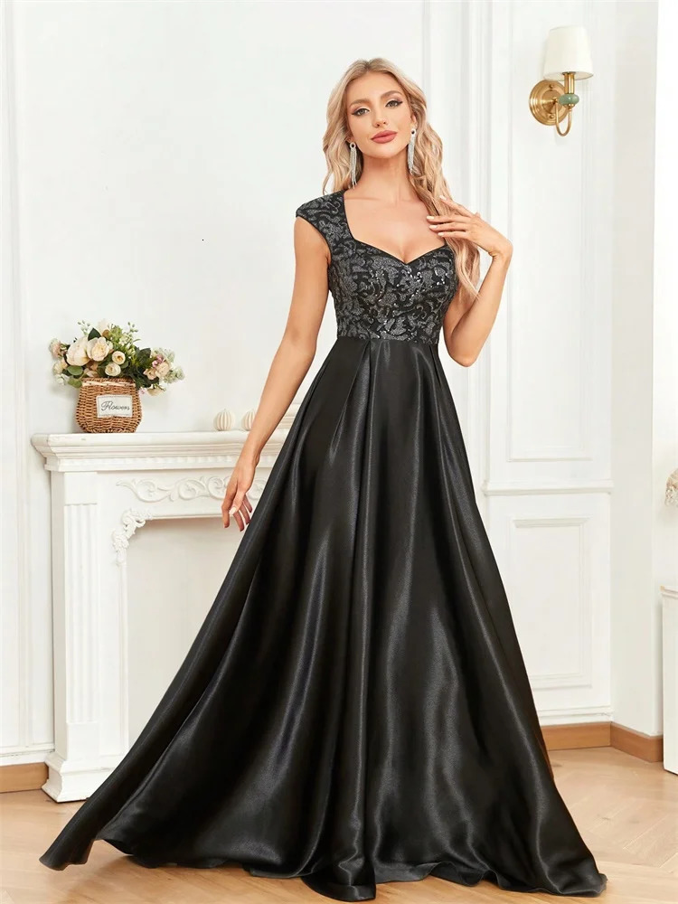 Elegant Sequins Black Formal Evening Dress For Women U-neck Satin Prom Floor Length Cocktail Party Dress 250520