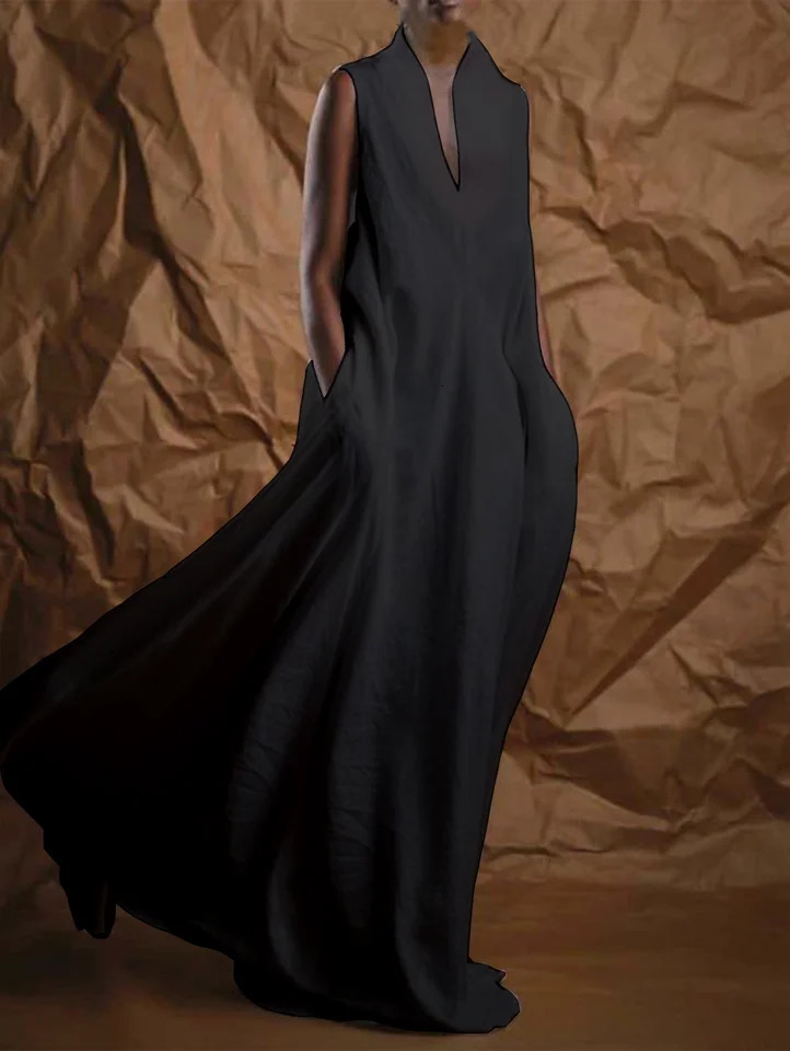 Plus Size Women Long Dress Pockets V-Neck Turtleneck Elegant Casual Sleeveless Summer Female Minimalist Maxi Dress Vestidos 250520