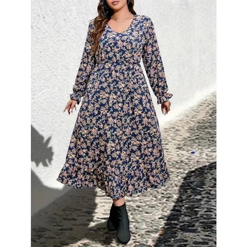 Plus Size 1XL-5XL Casual Dress Womens Plus Floral Print Lantern Sleeve V Neck Smock Dress 250520