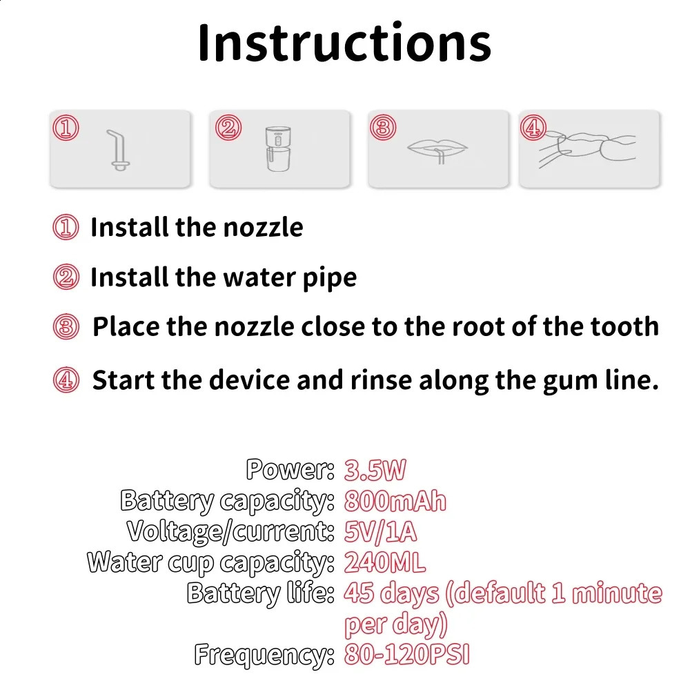 Dental Oral Irrigator Portable Dental Water Flosser 8 Jet Tip USB Rechargeable 280ml Tank 3 Three frequency pulses Teeth Cleaner 250520