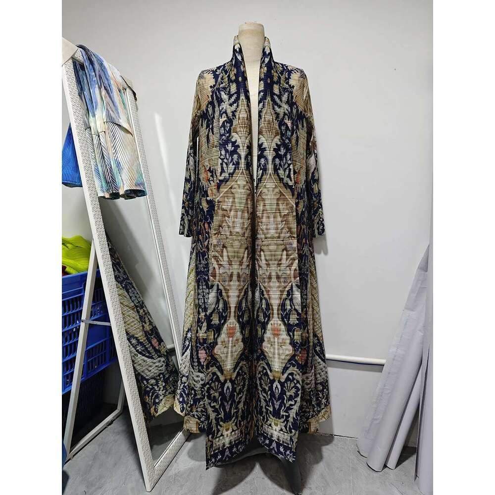Miyake Pleated Turndown Collar Sleeve Abaya Women 2025 New Autumn Winter Original Designer Dubai Fashion Printed Long Coats