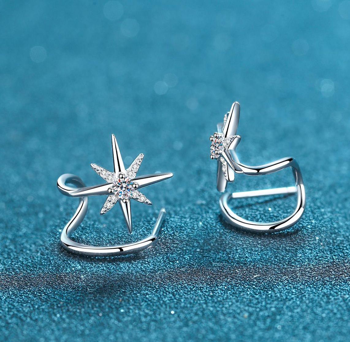 925 Sterling Silver Star Earrings with Moissanite, Snowflake Design, 28-Point Diamond-Like Sparkle, Perfect for Women