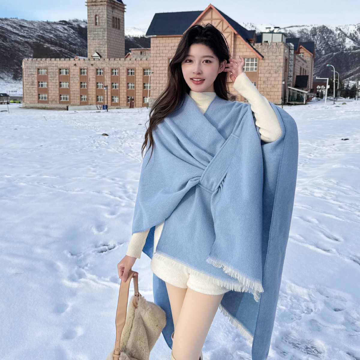 K781 Clip flower solid color autumn and winter split cashmere shawl European and American monochrome cloak solid color cape cloak