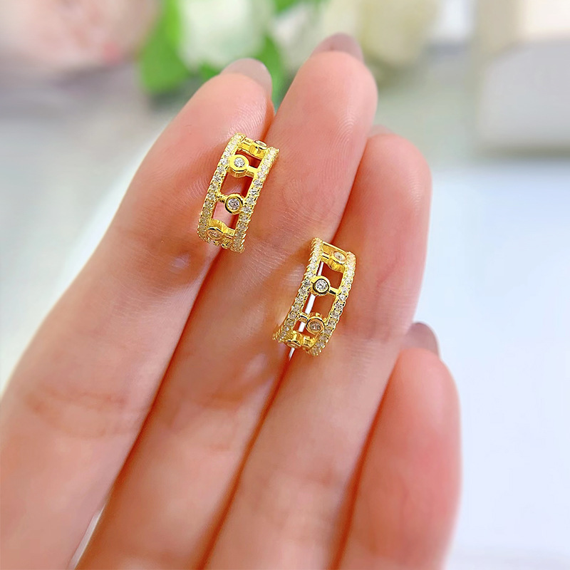 925 Sterling Silver Diamond-Studded Hollow Hoop Earrings, Vintage and Elegant Design for Women