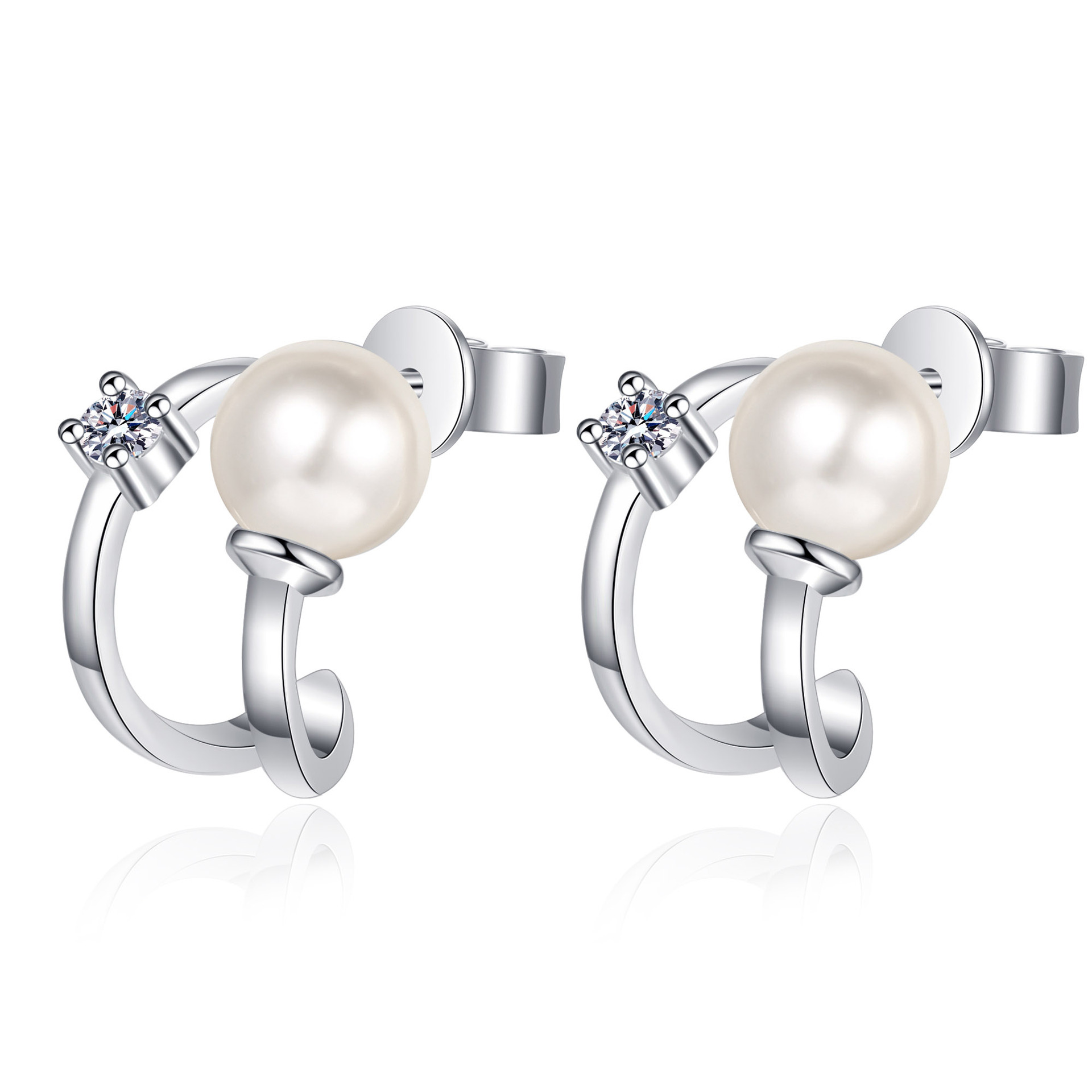 925 Sterling Silver U-Shaped Earrings with Moissanite and Freshwater Pearl, PT950 Gold-Plated Jewelry