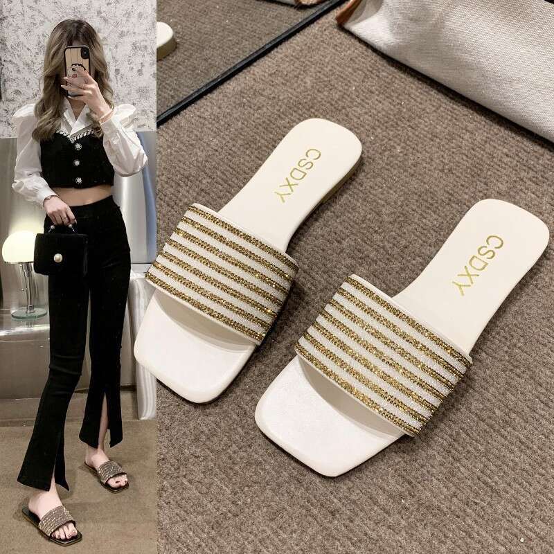 Flat Bottomed Fashionable And Comfortable Slippers For 2025 Small Sandals With Sparkling Diamond Letters Outdoor Versatile And Casual Height Increasin