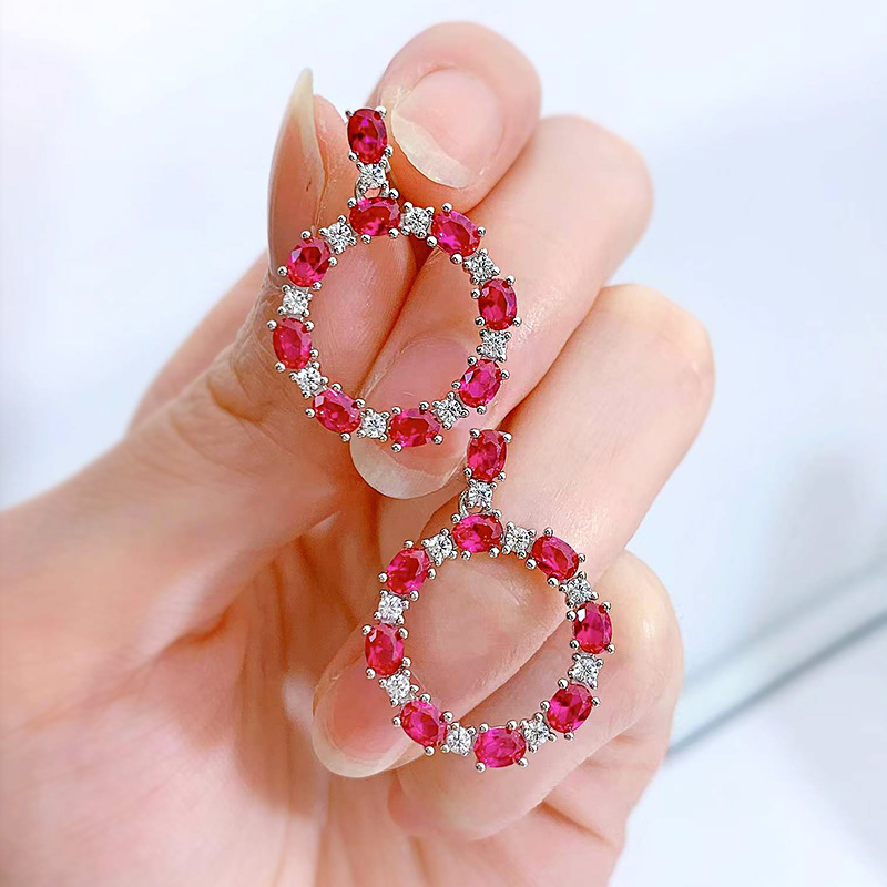 Exquisite S925 Sterling Silver Earrings with Oval Red Ruby & High-Carbon Diamonds - Elegant Dazzling Design