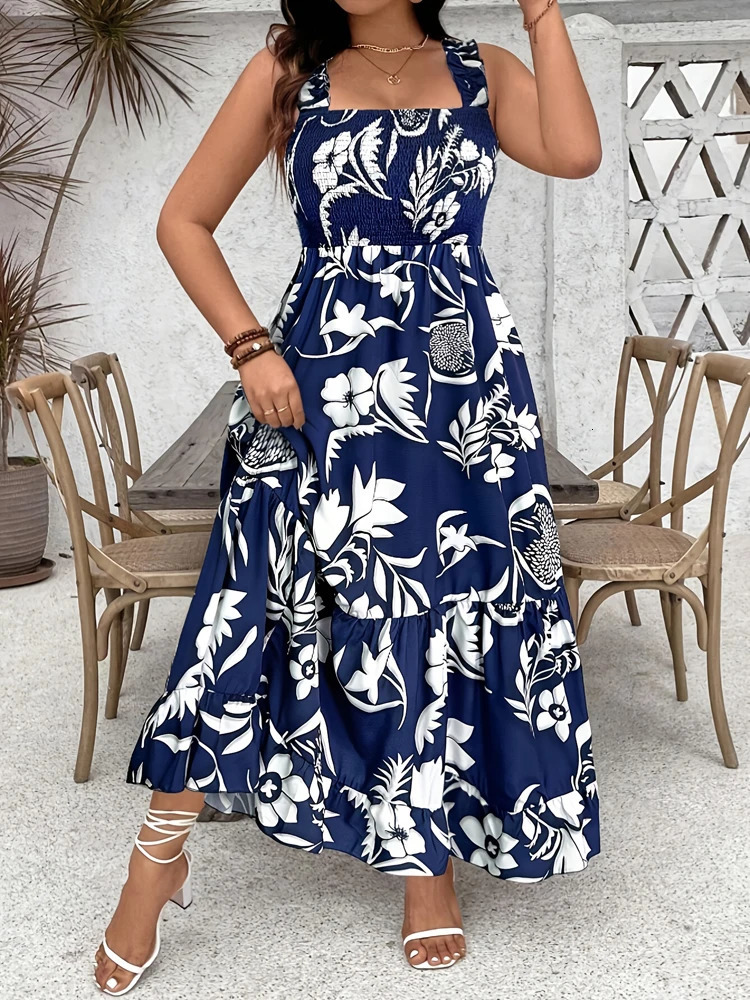 Plus Size Summer Holiday Floral Halter Dress with Ruffle Hem and Gathered Bust Plus Size Dress Polyester 250520