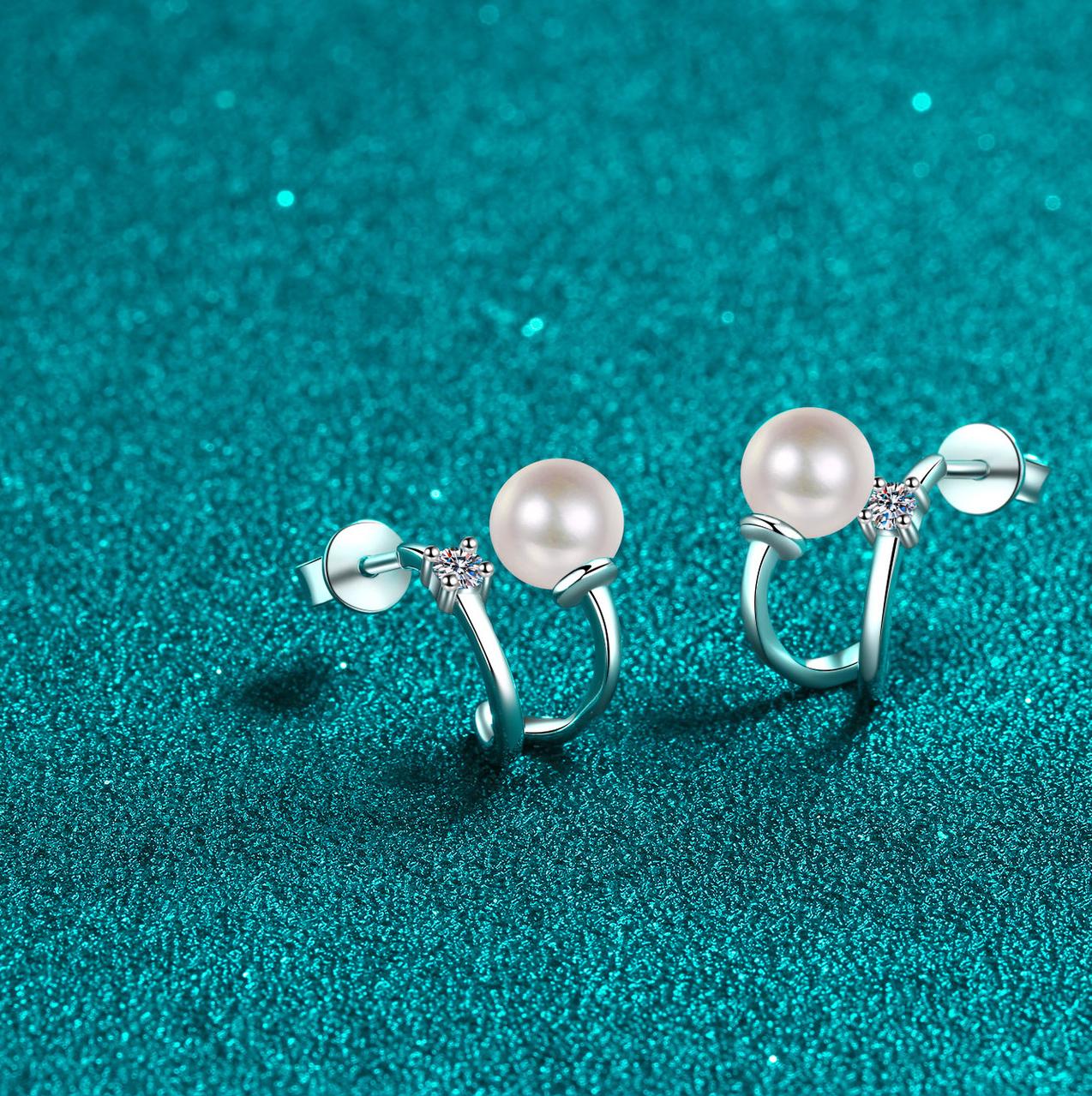 925 Sterling Silver U-Shaped Earrings with Moissanite and Freshwater Pearl, PT950 Gold-Plated Jewelry
