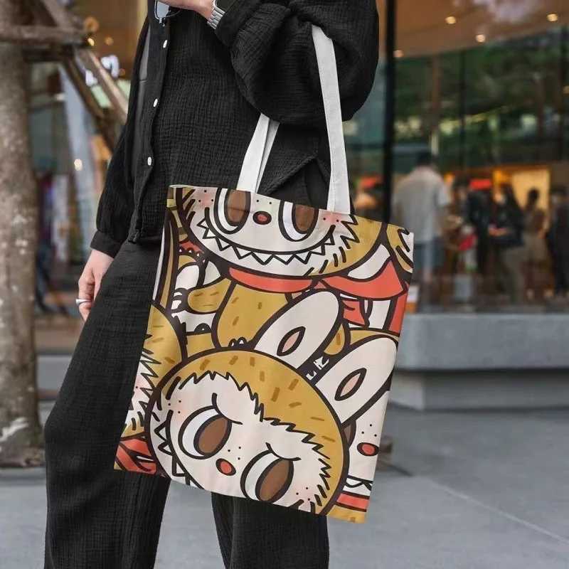 Labubu Canvas Bag Cute Cartoon Shopping Handbag For Women Student Portable Canvas Makeup Shopping Storage Bag Birthday GiftXJ250521