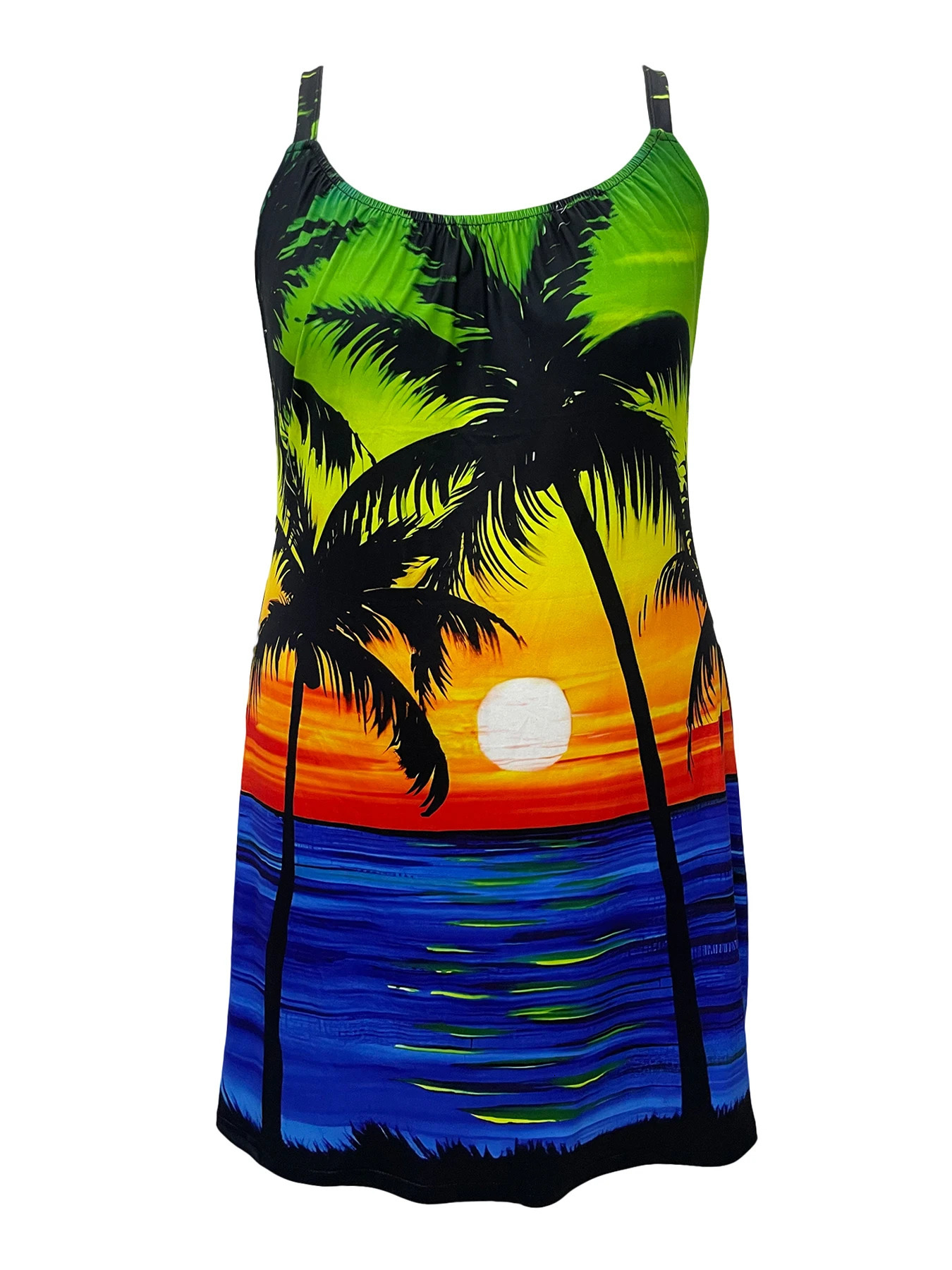 Plus Size Coconut Tree Print Tank Dress Casual Sleeveless Slim Dress For Spring Summer Womens Plus Size Clothing 250520