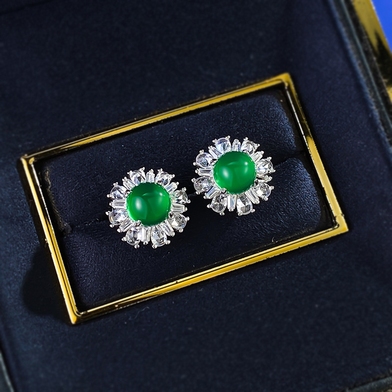 Elegant S925 Sterling Silver Stud Earrings with Green Chalcedony, Luxuriously Crafted Fashion Jewelry