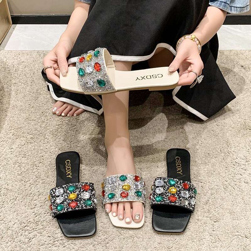 Designer Sandals Colored Gemstone One Word Casual Sandals Flat Slippers 2025 Summer Outdoor Fashion Beach Slippers