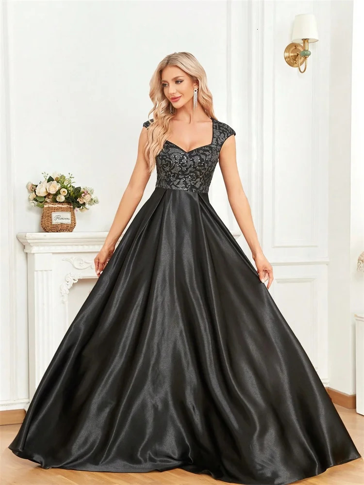 Elegant Sequins Black Formal Evening Dress For Women U-neck Satin Prom Floor Length Cocktail Party Dress 250520