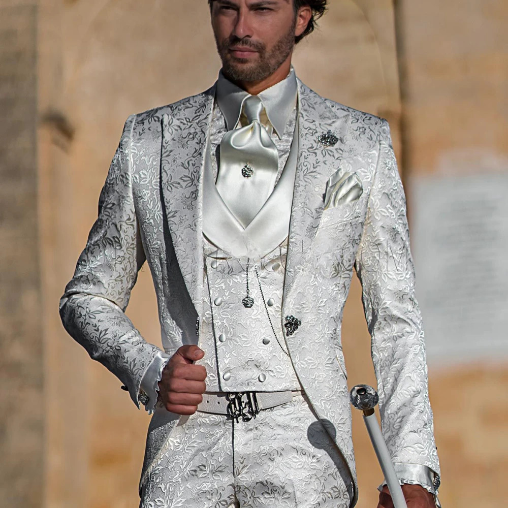 White Retro Jacquard 3 Pieces Jacket Vest Pants Mens Suit Gentleman Fit Slim Party Tailor Made Groom Wedding Suits for Men 250517