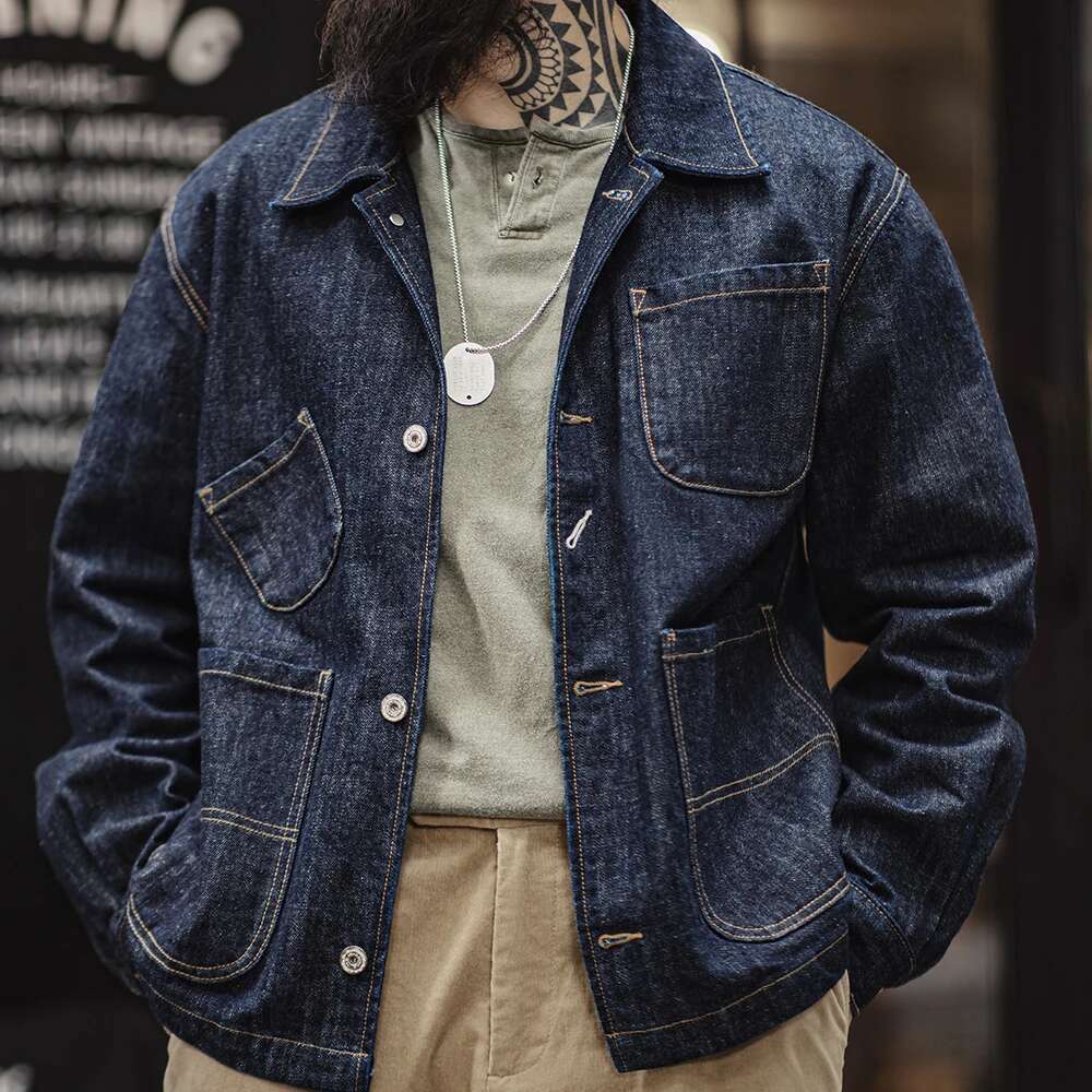 Maden Vintage 4-Pockets 14Oz Men Stand Collar Denim Jacket Outwear Coat Version For Men's Spring Streetwear Coats 250524