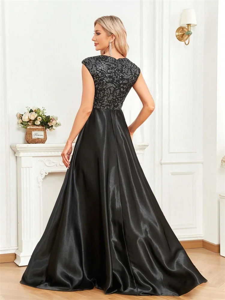 Elegant Sequins Black Formal Evening Dress For Women U-neck Satin Prom Floor Length Cocktail Party Dress 250520