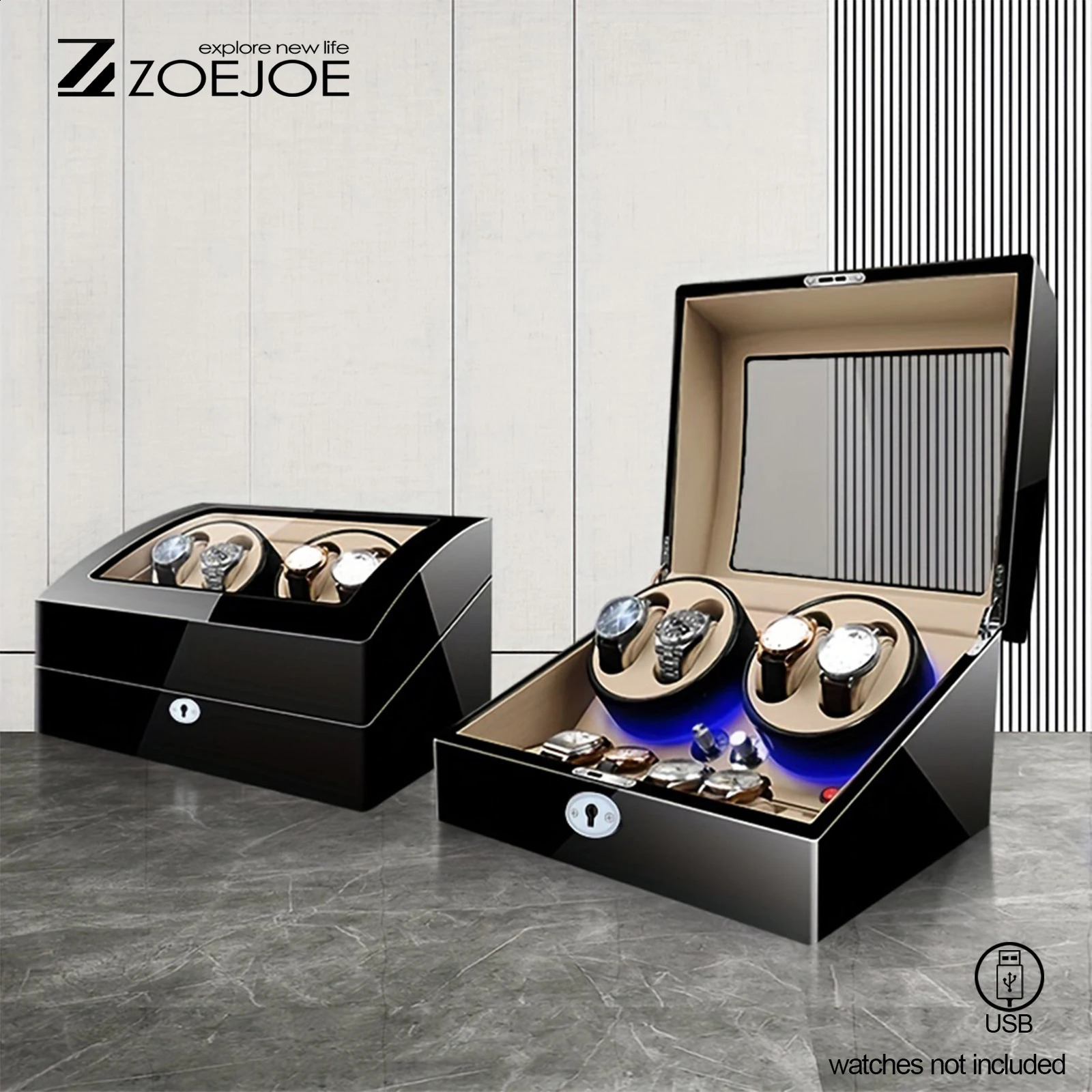1pc Watch Winder Slots Safe Box with Quiet Motors Key Unlocking and LED Light Soft Pillow 250515