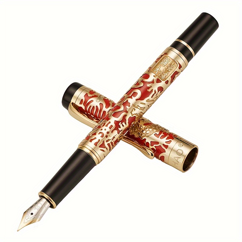1pcs Jinhao 5000 luxury metal fountain pen with dragon pattern carved in red gold F pen tip, school office, business gift fountain pen no ink