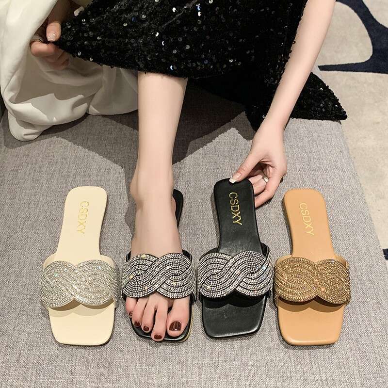 Large Size Women's Sandals With Water Ripple Shaped Straight Diamond Slippers, Designer Sandals For Summer 2025, New Home And Outdoor Lazy Slippe