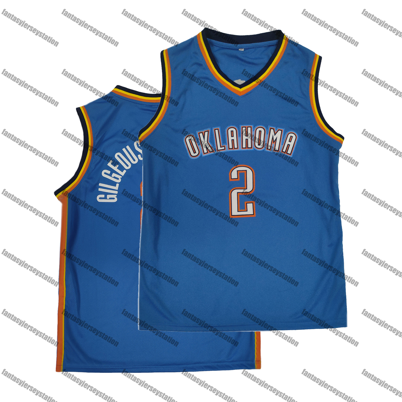 IN STOCK Mens Blue 2 OKC Basketball Jersey, Polyester Knit Fabric, V Neck, Loose Fit, Breathable Stitched Casual Sports Shirt for Training S-3XL