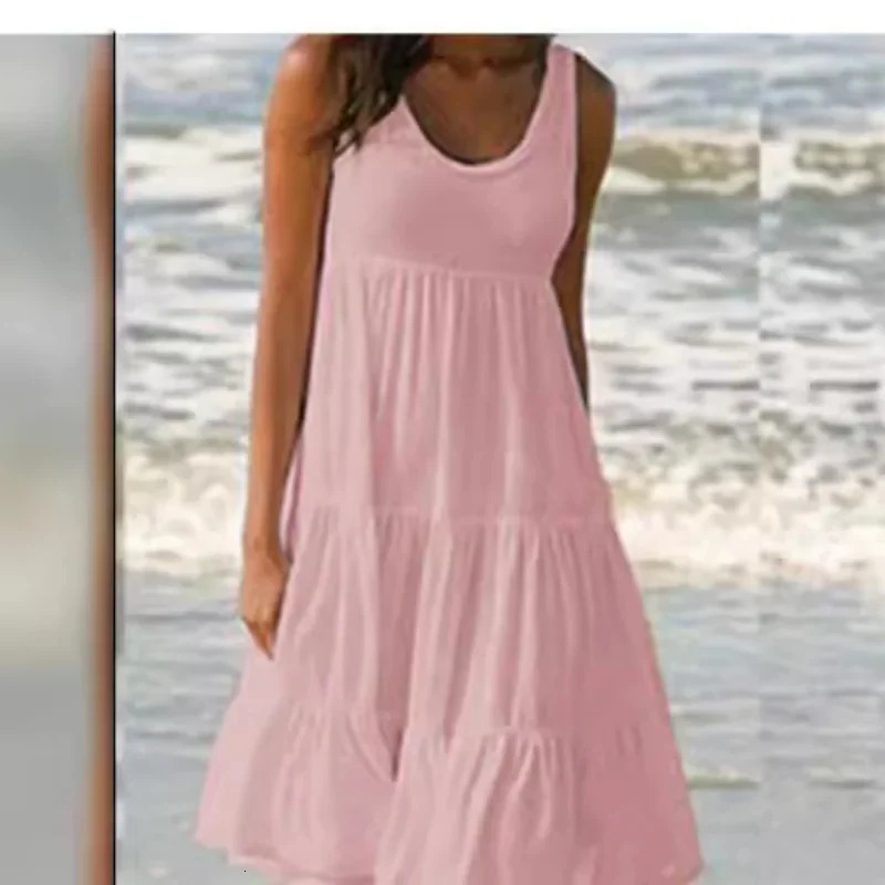Bohemian Womens Casual O Neck Sleeveless Ruffle Mini Dress Solid Color Beach Tank Top Oversized Loose Dress Plus Size Women3029 250519