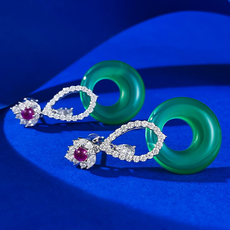 925 Sterling Silver Green Agate Earrings with Ruby and Diamond Accents - Elegant, Luxury Jewelry for Special Occasions