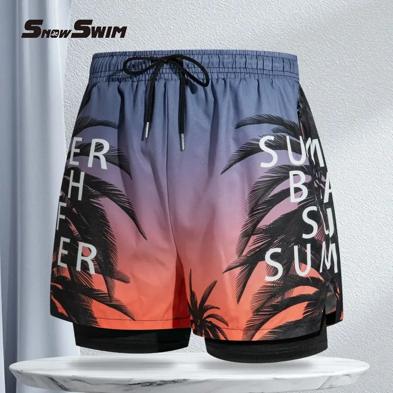 Doublelayer Swim Trunks for Men Boxer Shorts Antiembarrassment Lined with Professional Beach Pants Adult Gear 250516Z