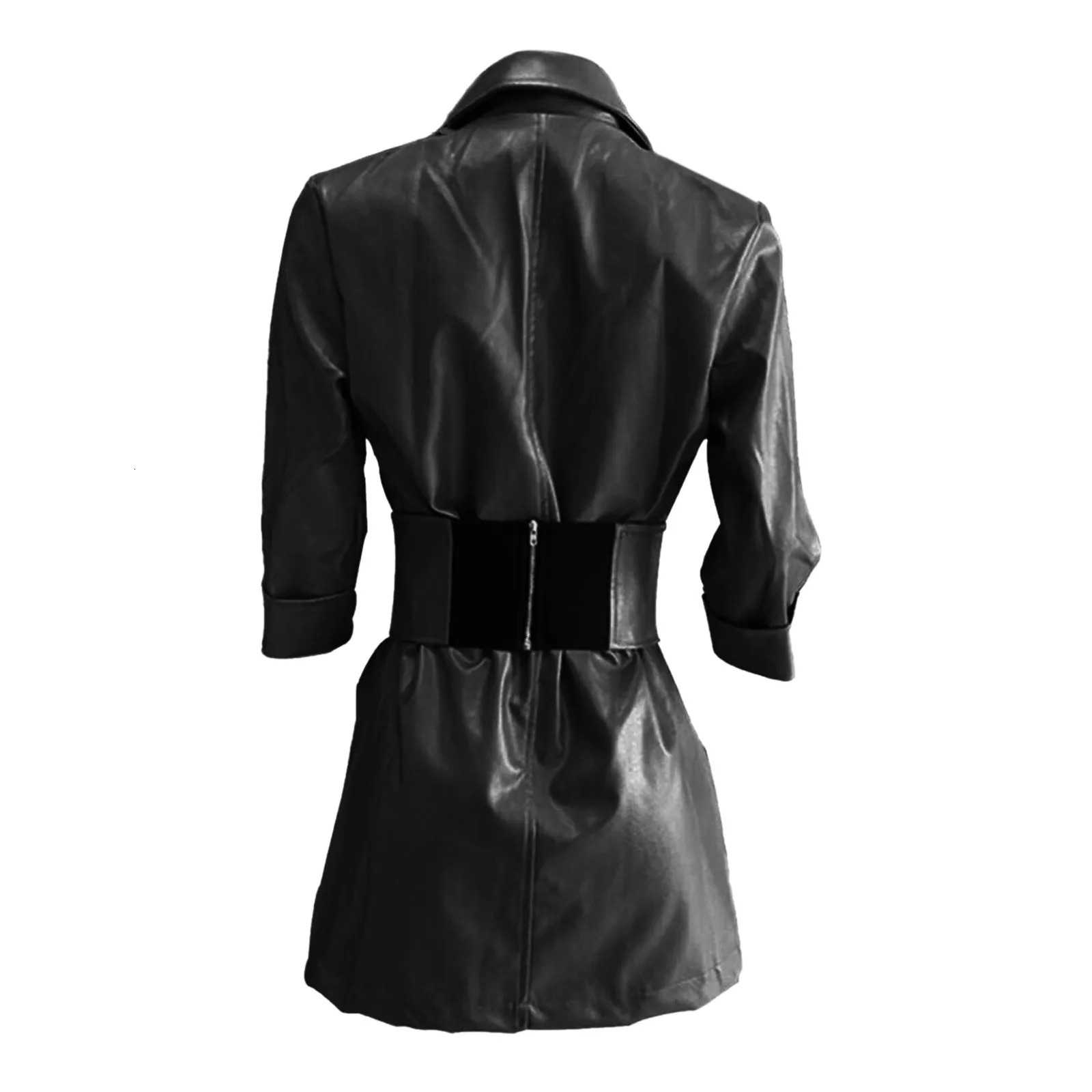 Sexy Women PU Leather Dress Long Sleeve V Neck Winter Bodycon Dress Blazer Mini Dress With Belt Office Ladies Elegant Dress 250517