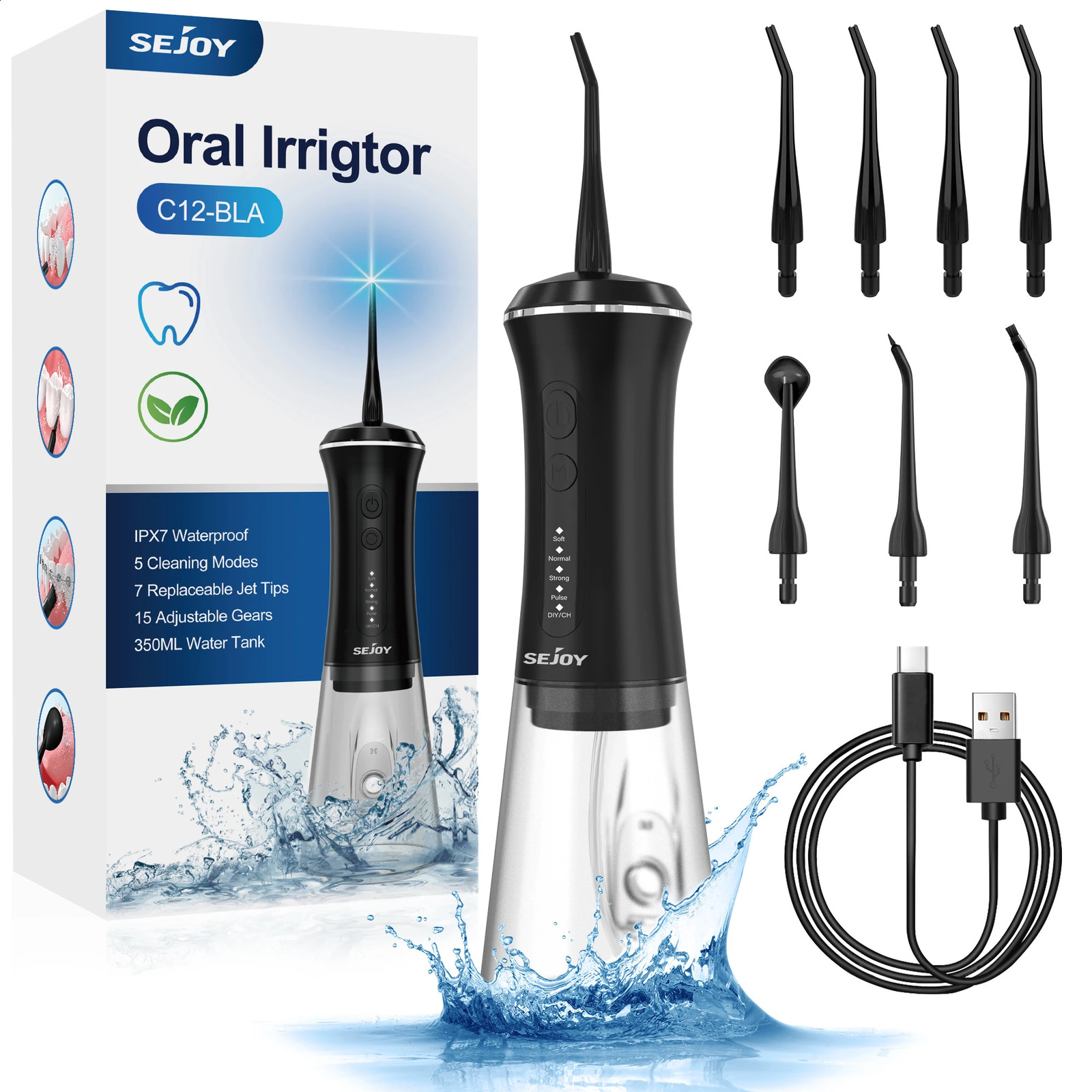 SEJOY Dental Oral Irrigator USB Rechargeable Teeth Cleaner Portable Dental Water Flosser 5 Modes IPX7 Mouth Washing Machine 350m 250520