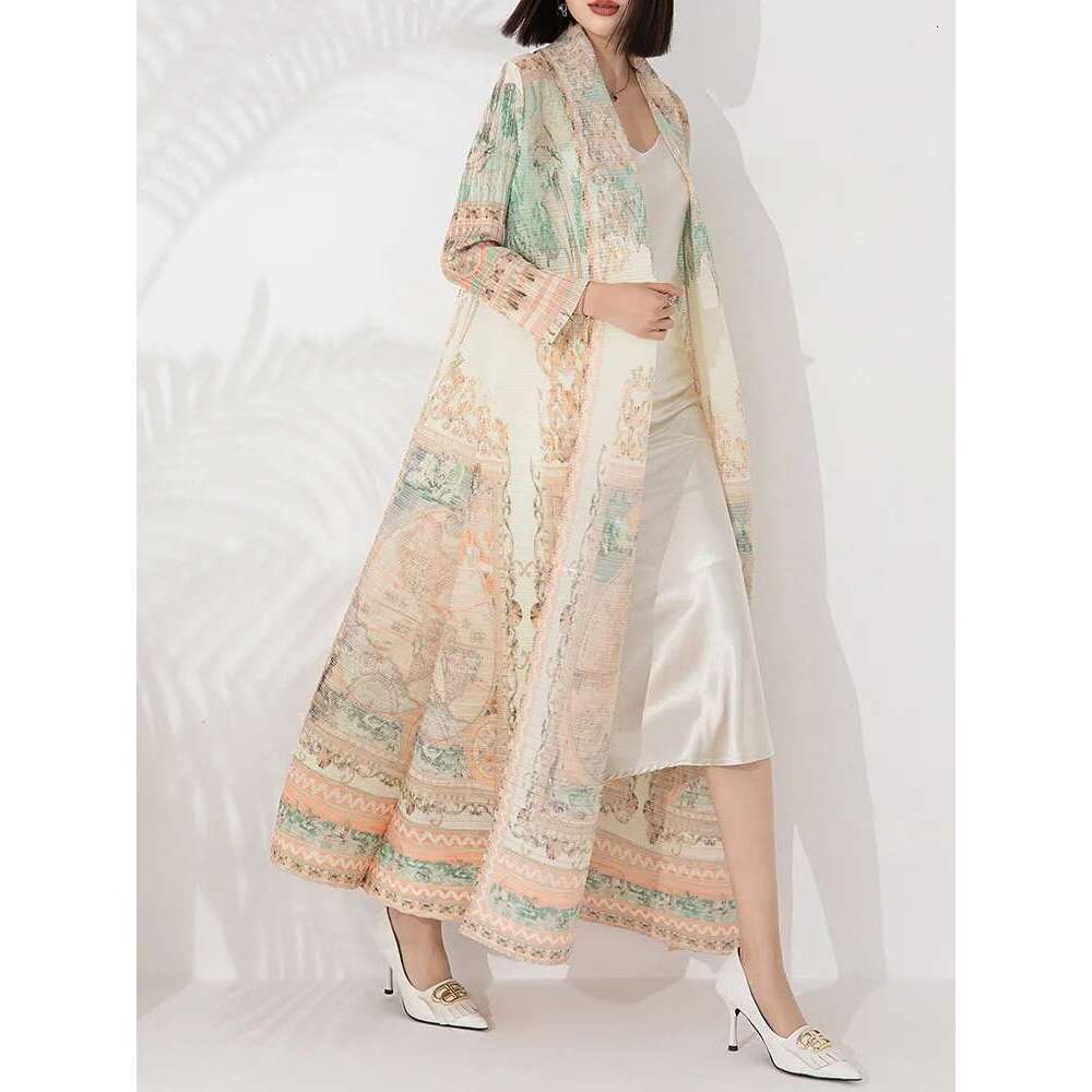 Miyake Printed Pleated Cardigan For Women Long Sleeves Loose Big Size Female Vintage High End Windbreaker 2024 Autumn New Robe