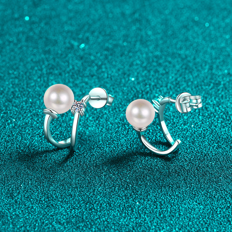 925 Sterling Silver U-Shaped Earrings with Moissanite and Freshwater Pearl, PT950 Gold-Plated Jewelry