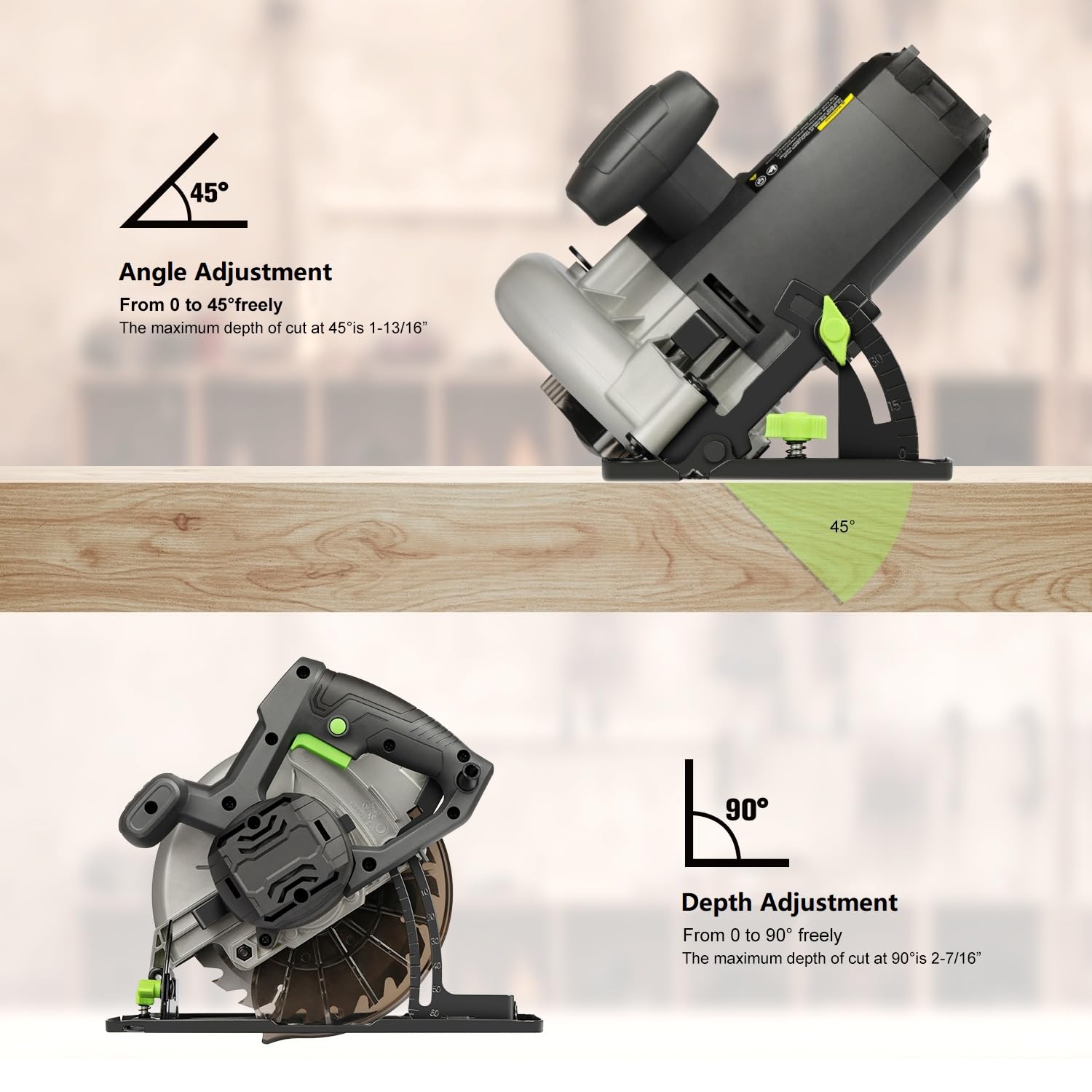 GALAX PRO Power Circular Saw 6000RPM Corded Circular Saw with Adjustable Cutting Depth 2-1/2 Inch to 1-7/8 Inch 7-1/4 Inch Carpentry Saw Blade Ideal f