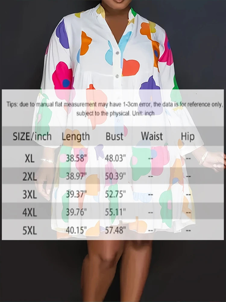 Plus Size Autumn Floral Printed Womens Dresses Casual Loose Button Fashion Streetwear Polyester V-Neck Pleated Dresses 250520