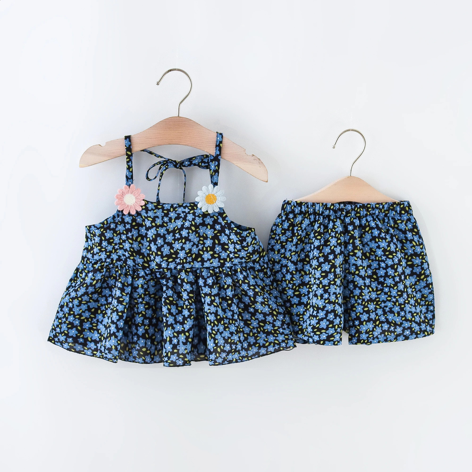 Summer 2pieceset girls suspender set baby girl full of small chrysanthemum print shorts 250517z