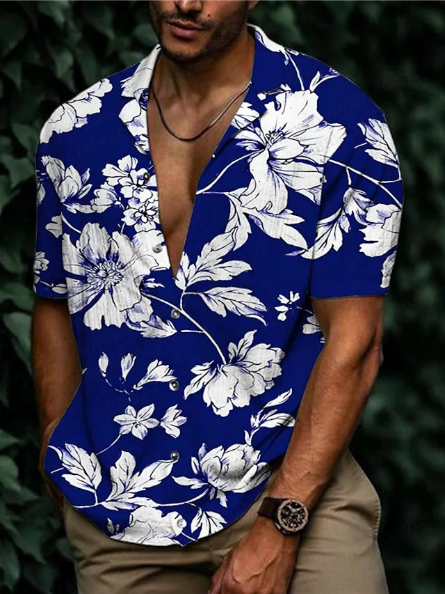 Hawaiian Shirt Tropic Plant Flowers Shirts Mens Vocation Blouses Floral Lapel Shirt Cuba Camisas Mens Clothing Single Breasted 250516
